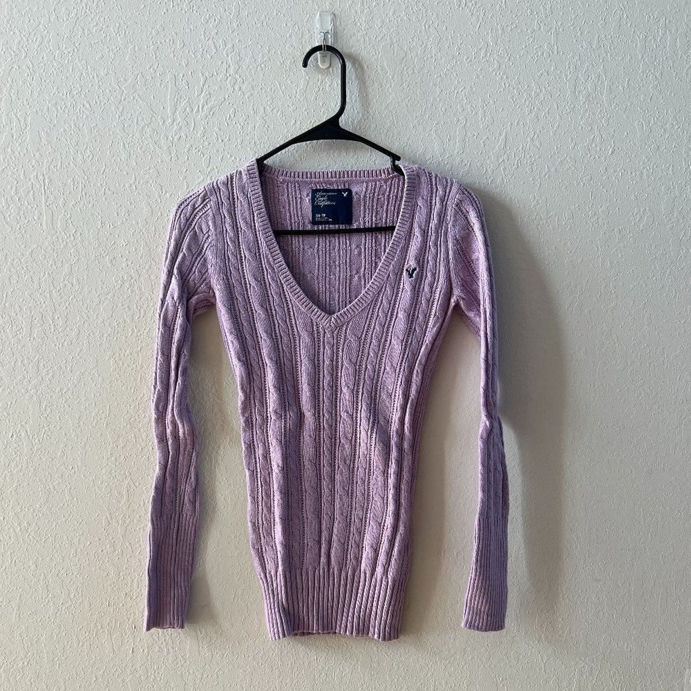 Lavender American Eagle V Neck Cable Knit Sweater XS